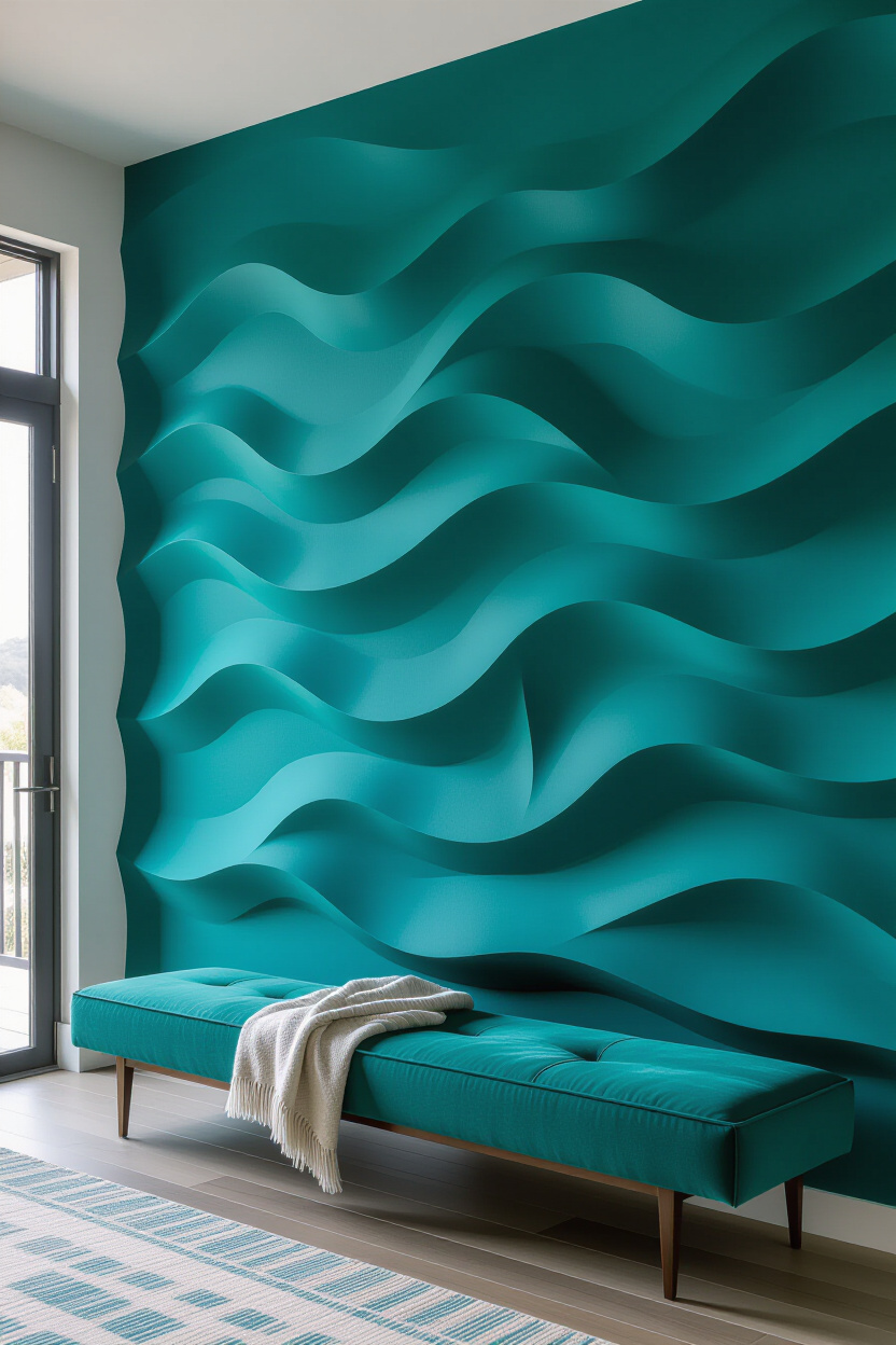 Deep Teal Living Room Textured Accent Wall