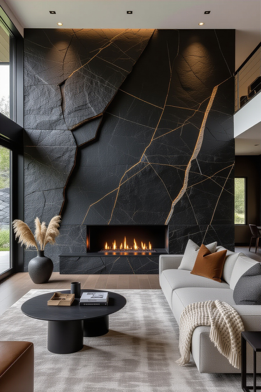 Dramatic Charcoal Stone Living Room Wall Paneling