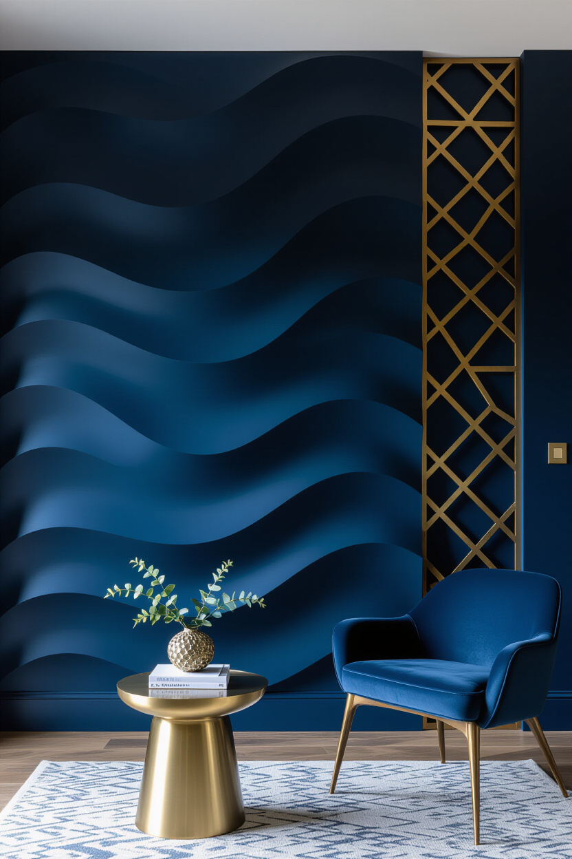 Dramatic Navy Living Room 3D Accent Wall