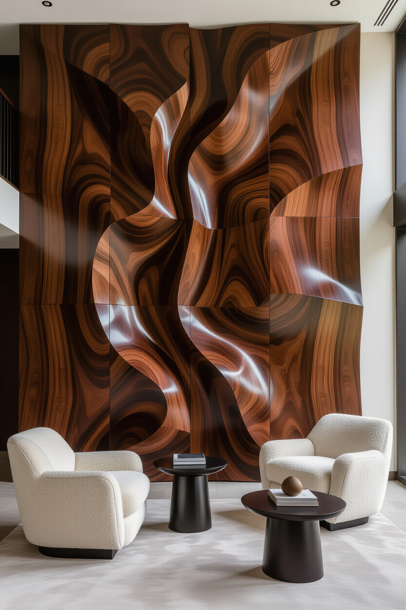 Dramatic Rosewood Living Room Wood Wall