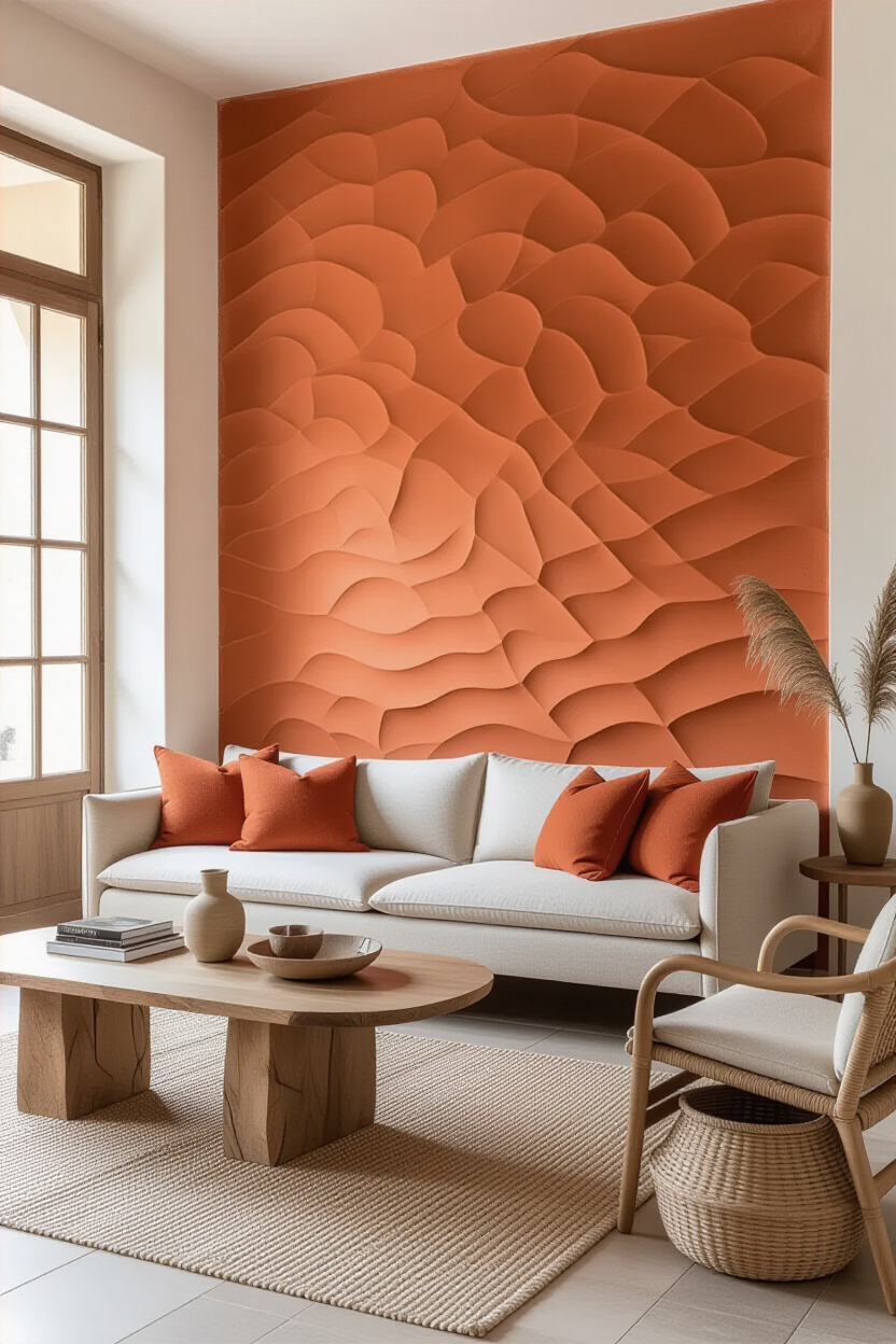 Earthy Terracotta Living Room Textured Accent Wall