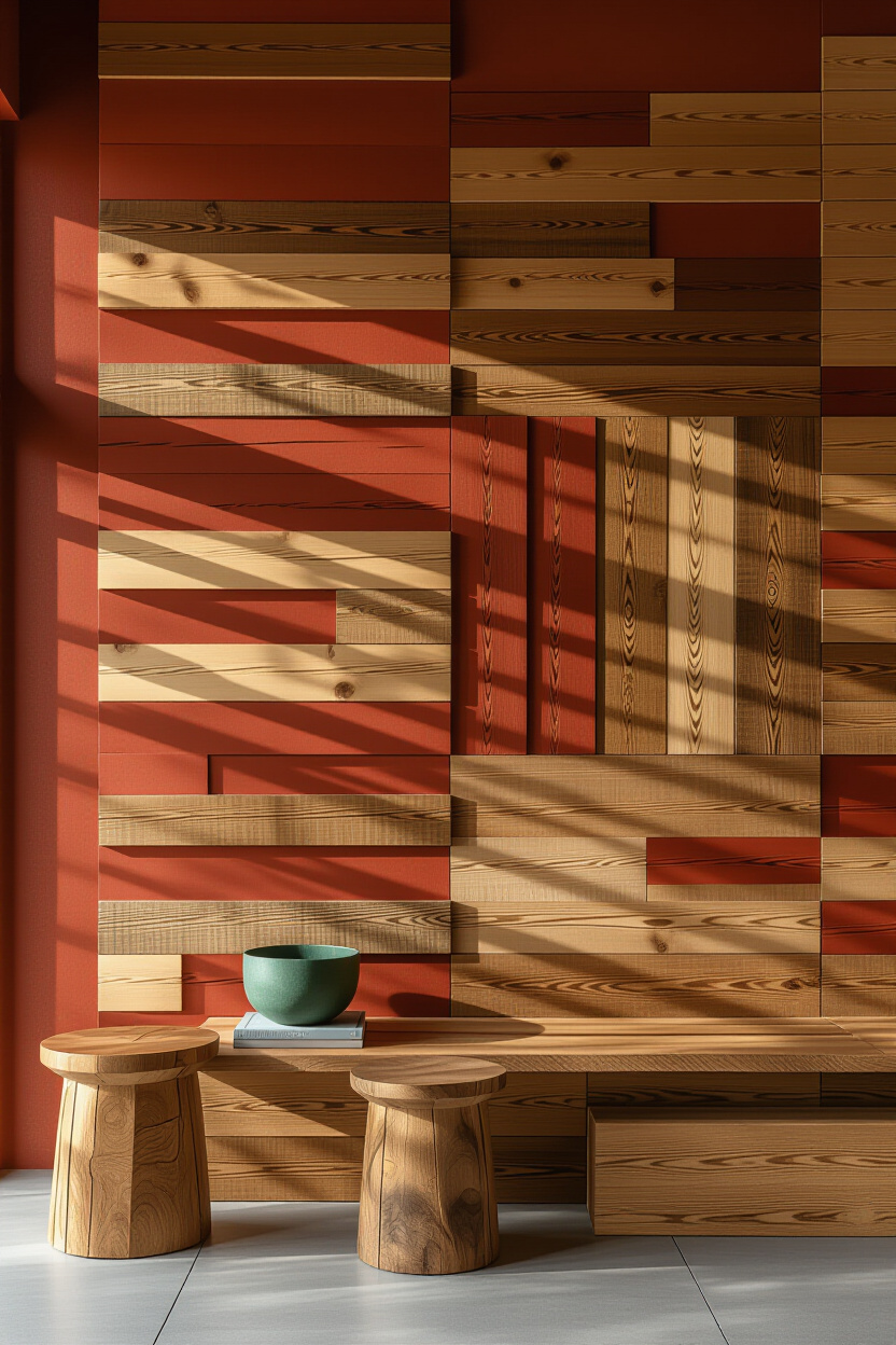 Earthy Terracotta Living Room Wood Wall