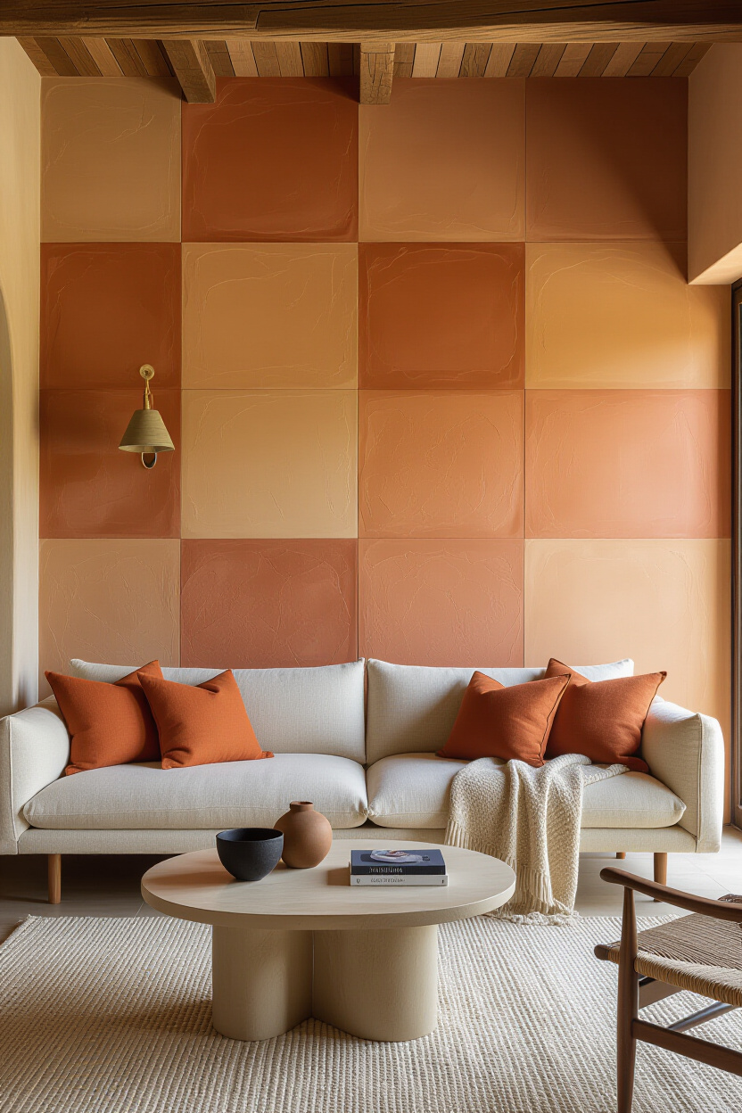 Earthy Terracotta Textured Living Room Wall Paneling