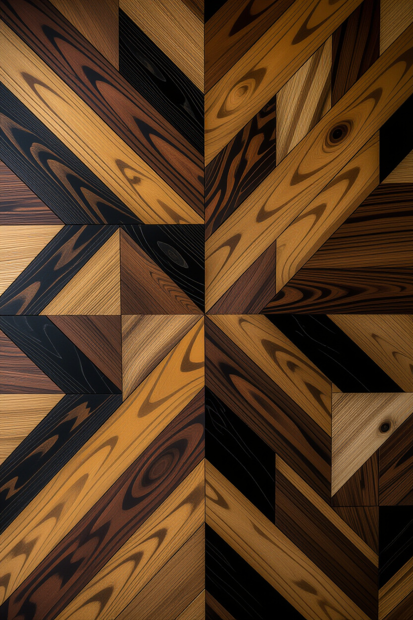 Geometric Wood Panel Living Room Accent Wall