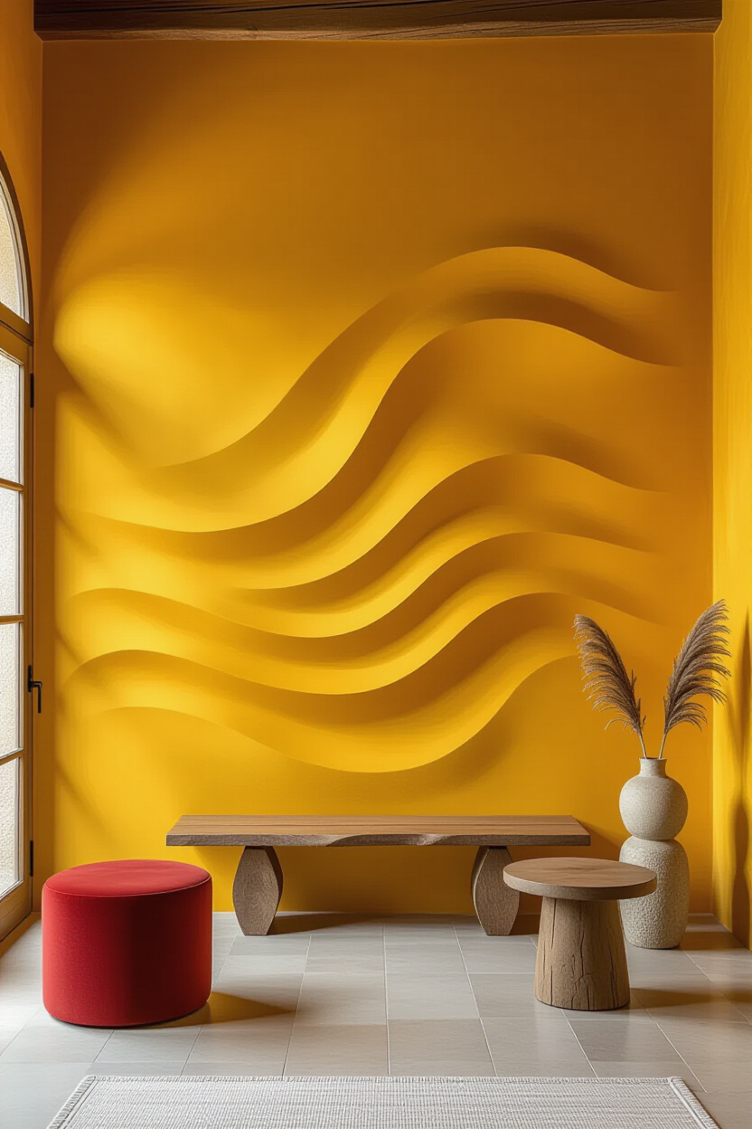 Lively Mustard Yellow Living Room Statement Wall