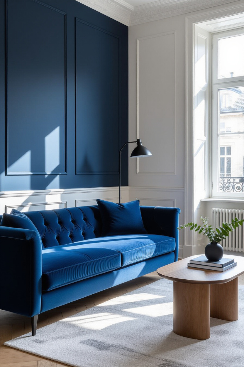 A living room with a deep navy blue velvet sofa. Sunlight gently illuminates the scene, highlighting