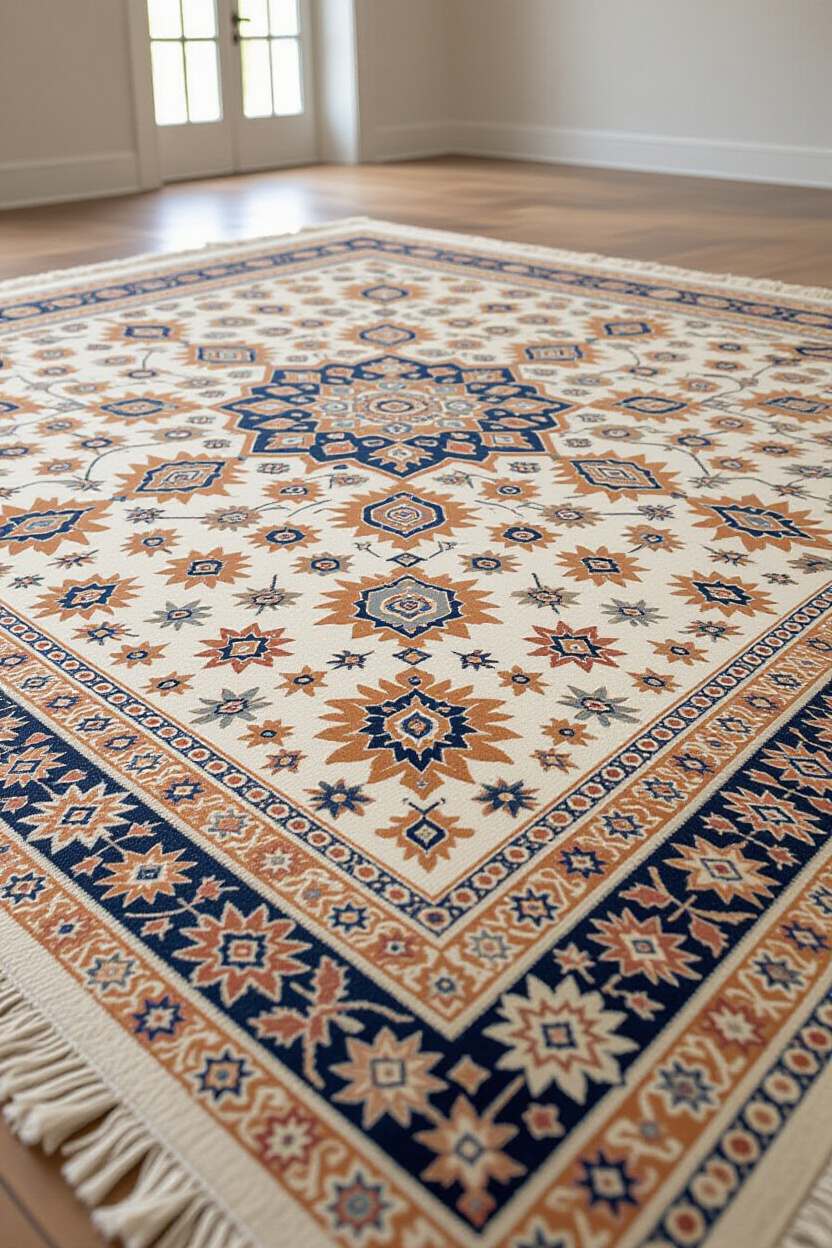 A close-up view of a distressed Persian-style rug with intricate patterns in cream, rust, and muted