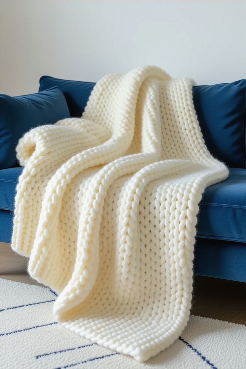 A soft, cream-colored chunky knit throw casually draped over the arm of a sapphire blue sofa. Archit