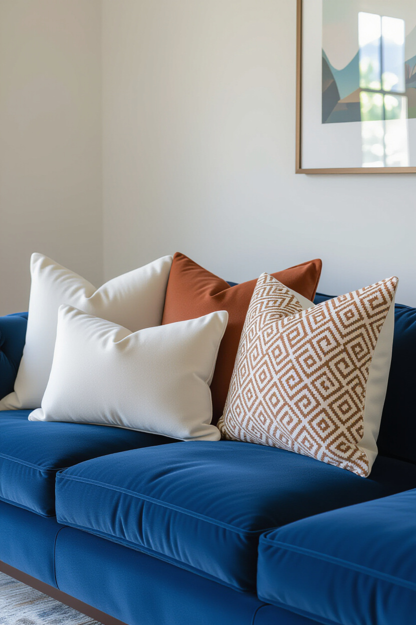 A collection of accent pillows in various textures and colors, including cream velvet, rust linen, a