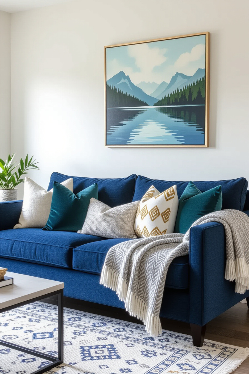 A well-styled living area featuring a navy blue sofa layered with an assortment of textured pillows