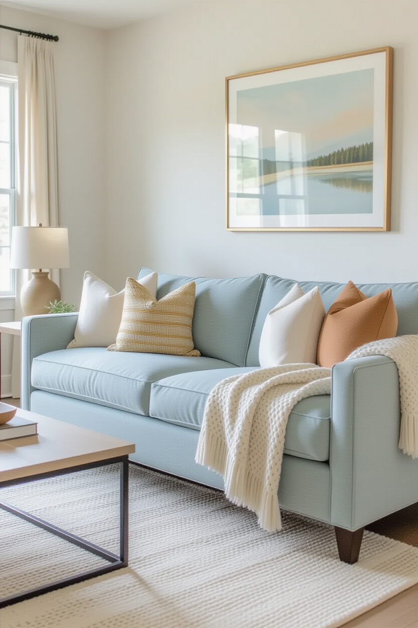 A wider shot of a living room showcasing a light blue sofa as the centerpiece, surrounded by a light