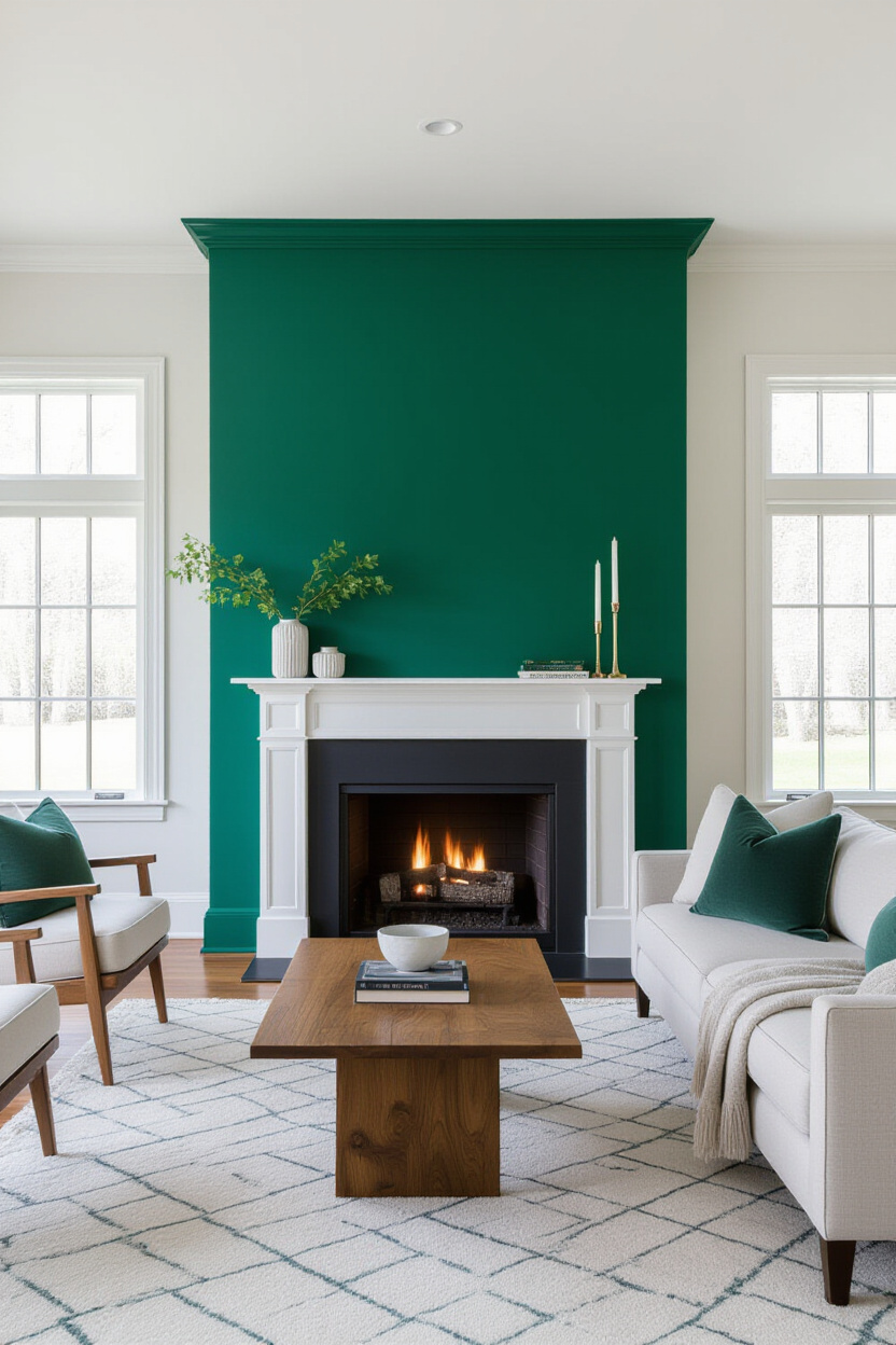 Architectural photography of an empty living room with a prominent fireplace. The wall surrounding t