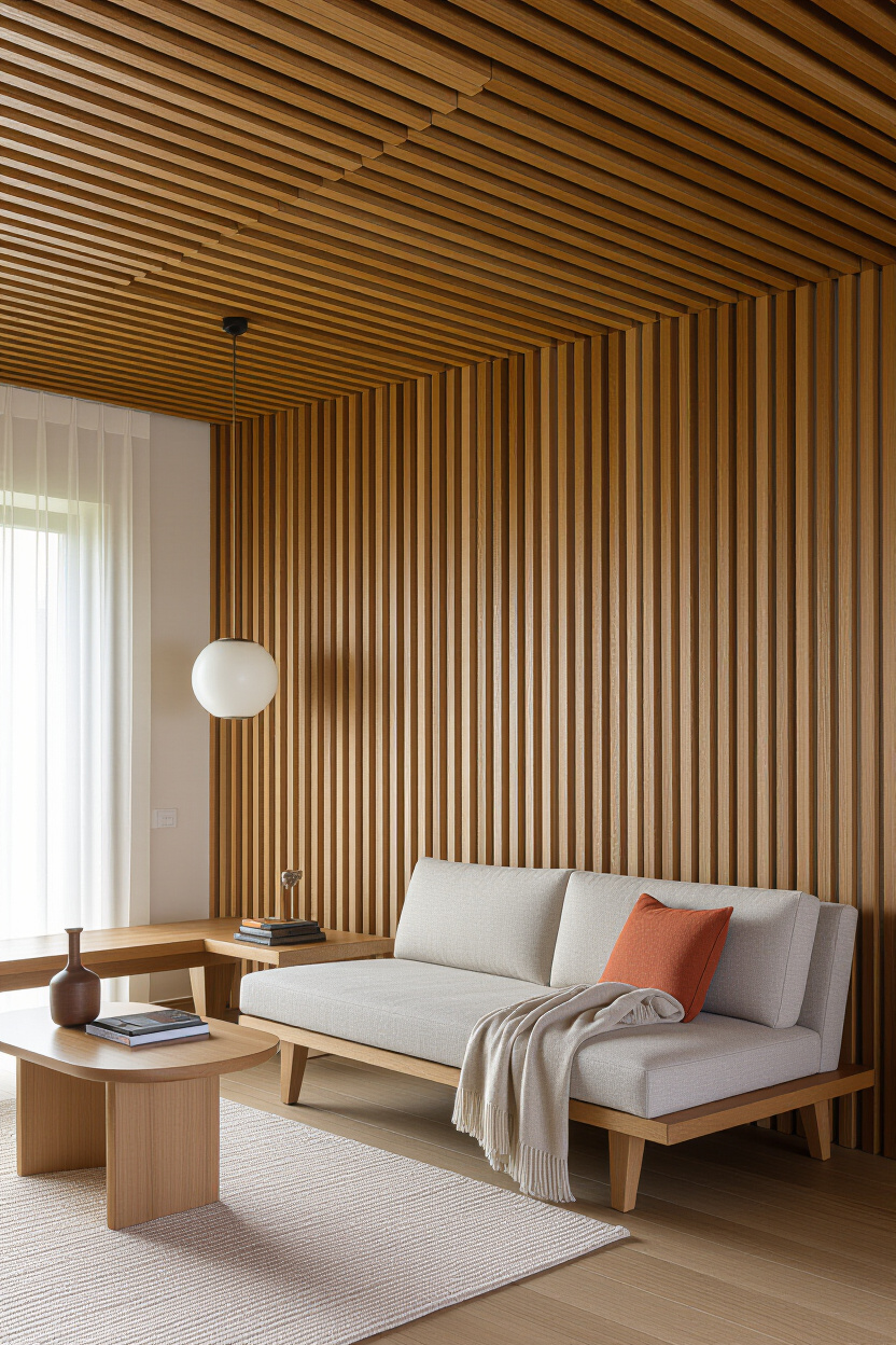 Architectural photography of an empty living room corner featuring a wall clad in warm, natural wood