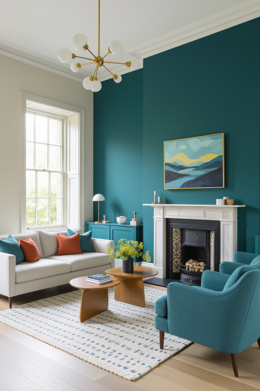 Architectural photography of an empty living room with one wall painted a deep, rich teal, contrasti