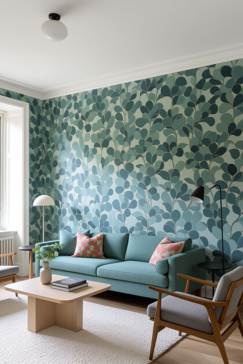 Architectural photography of an empty living room featuring a wall covered in a large-scale, abstrac