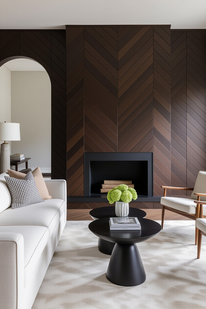 Architectural photography of an empty living room with a wall featuring a sophisticated herringbone