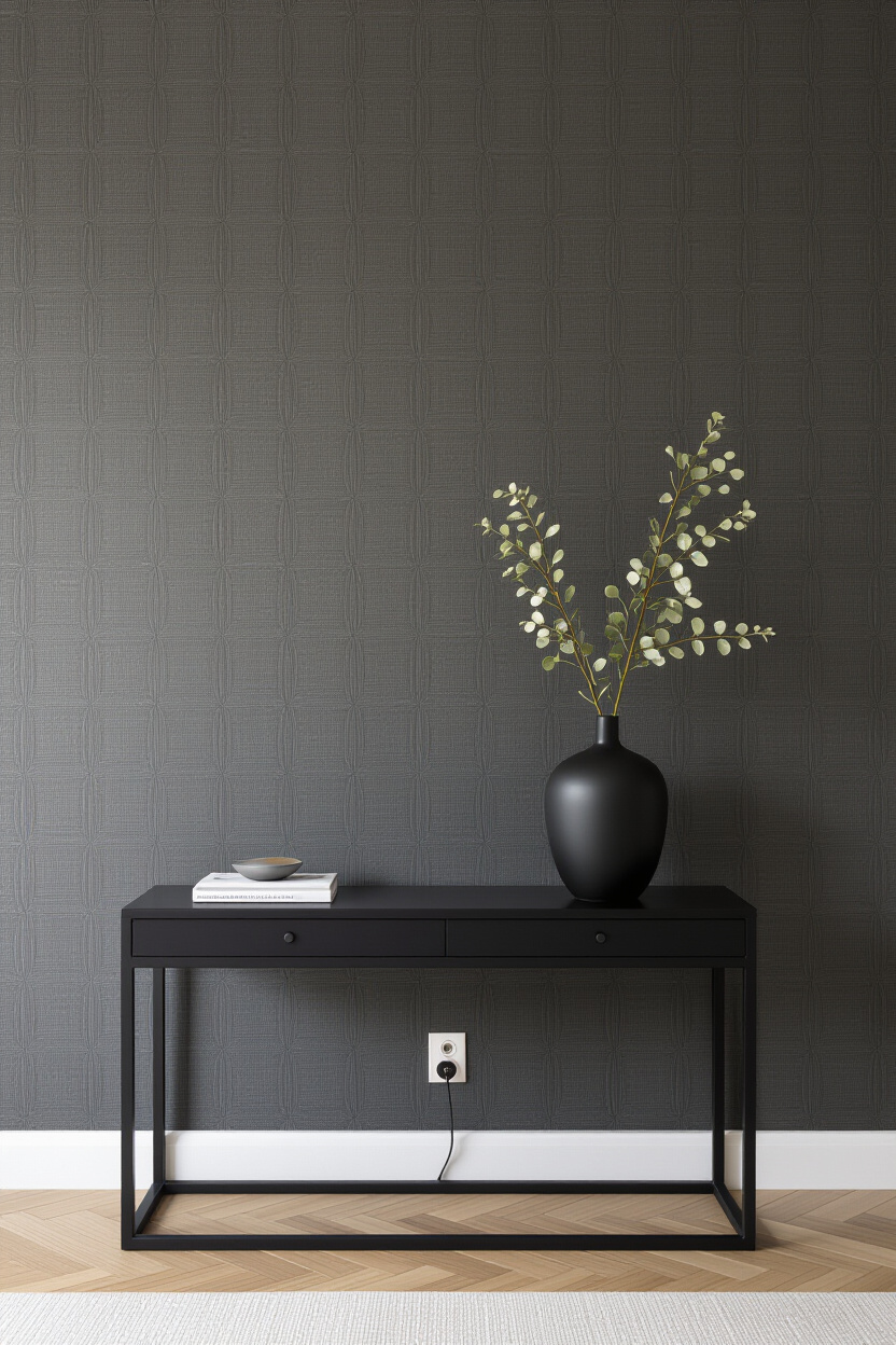 Architectural photography of an empty living room with a wall covered in a sophisticated charcoal gr