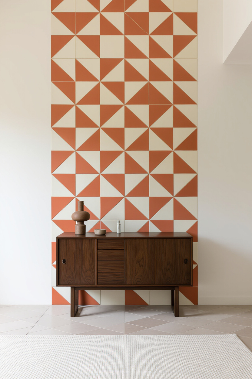 Architectural photography of an empty living room with a wall featuring a geometric tile pattern in