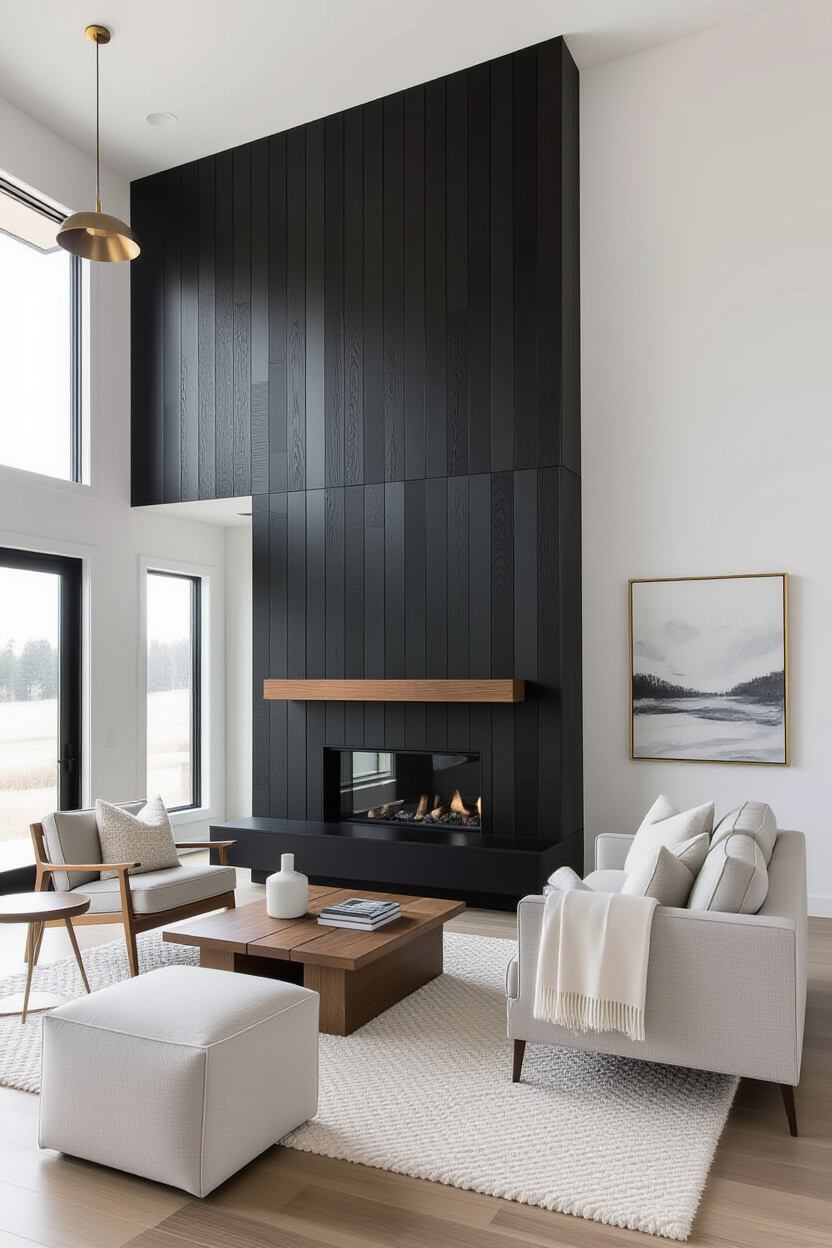 Architectural photography of an empty living room with a striking accent wall of dark, vertical wood