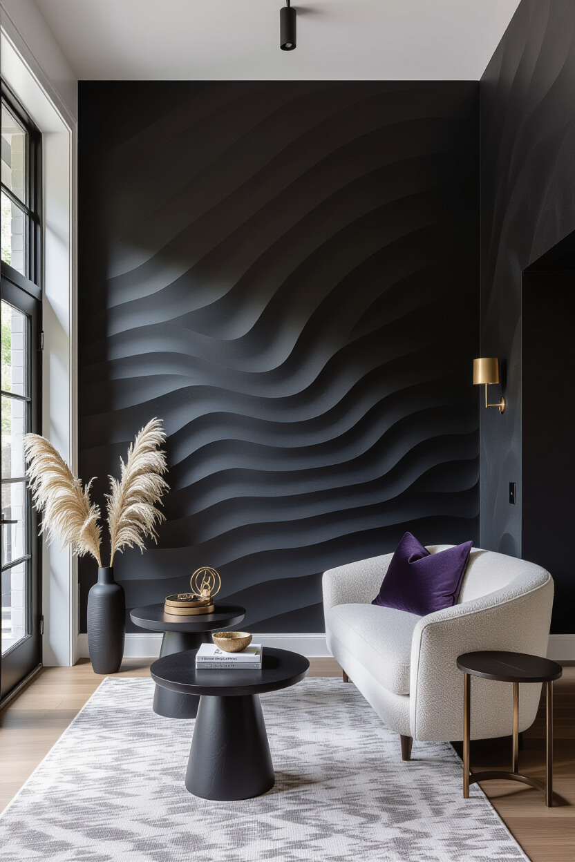 Matte Black Living Room Textured Accent Wall