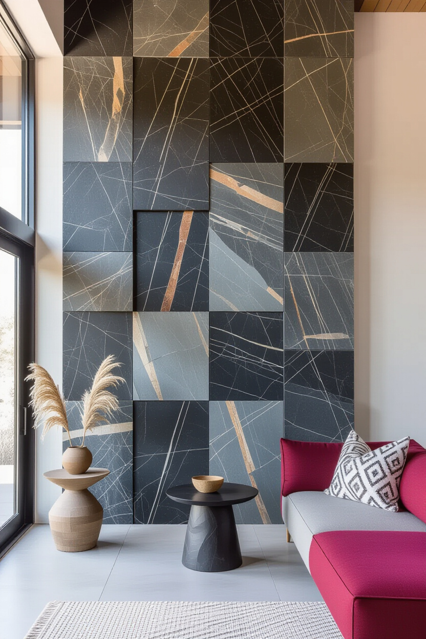 Minimalist Geometric Living Room Textured Accent Wall