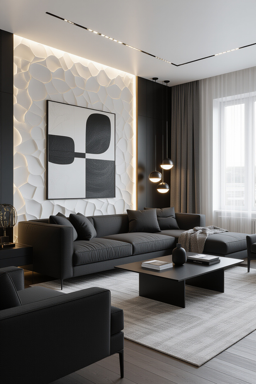 Modern Chic: Black and White Living Room Decor with Accent Walls