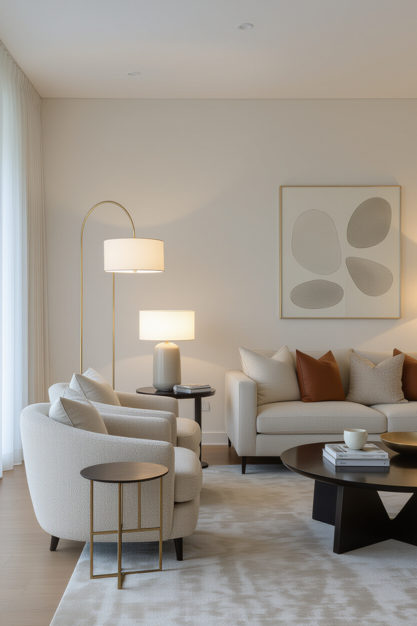 Architectural photography of an empty, modern living room showcasing a carefully curated arrangement