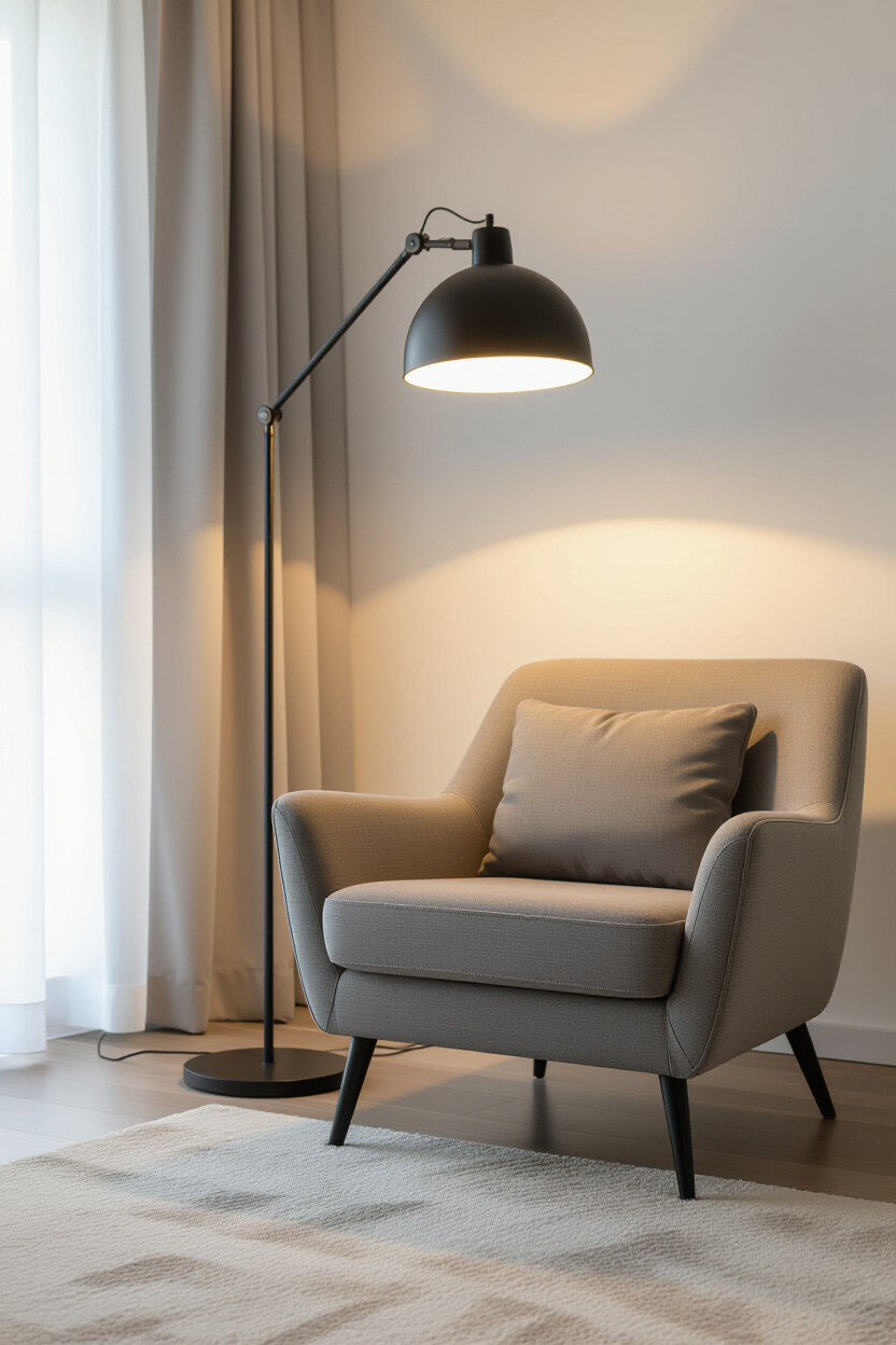 Architectural photography of an empty, modern living room showcasing a sleek floor lamp positioned n