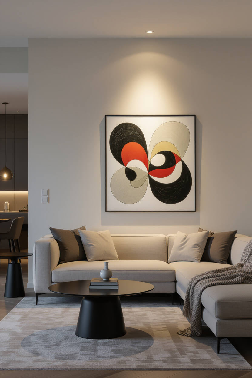 Architectural photography of an empty, modern living room where a targeted spotlight illuminates a p