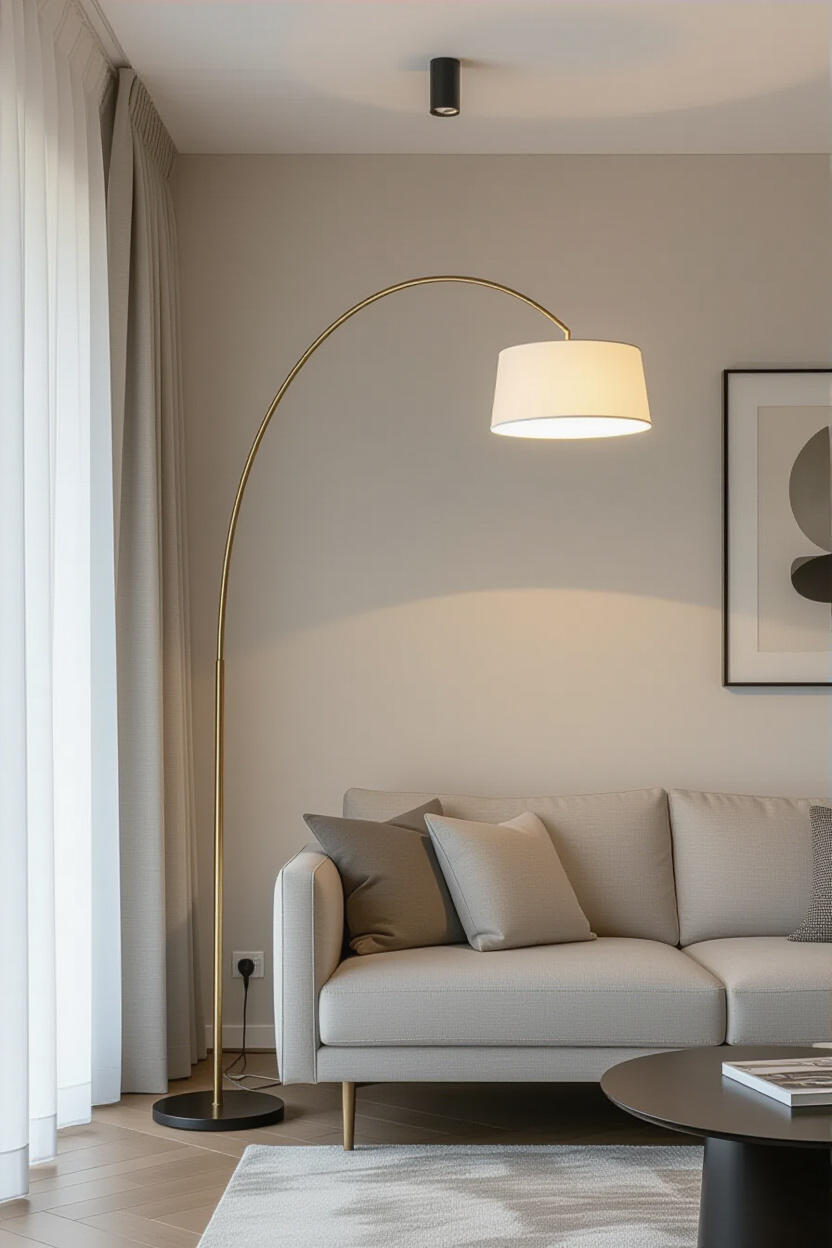 Architectural photography of an empty, modern living room featuring a stylish arc floor lamp extendi