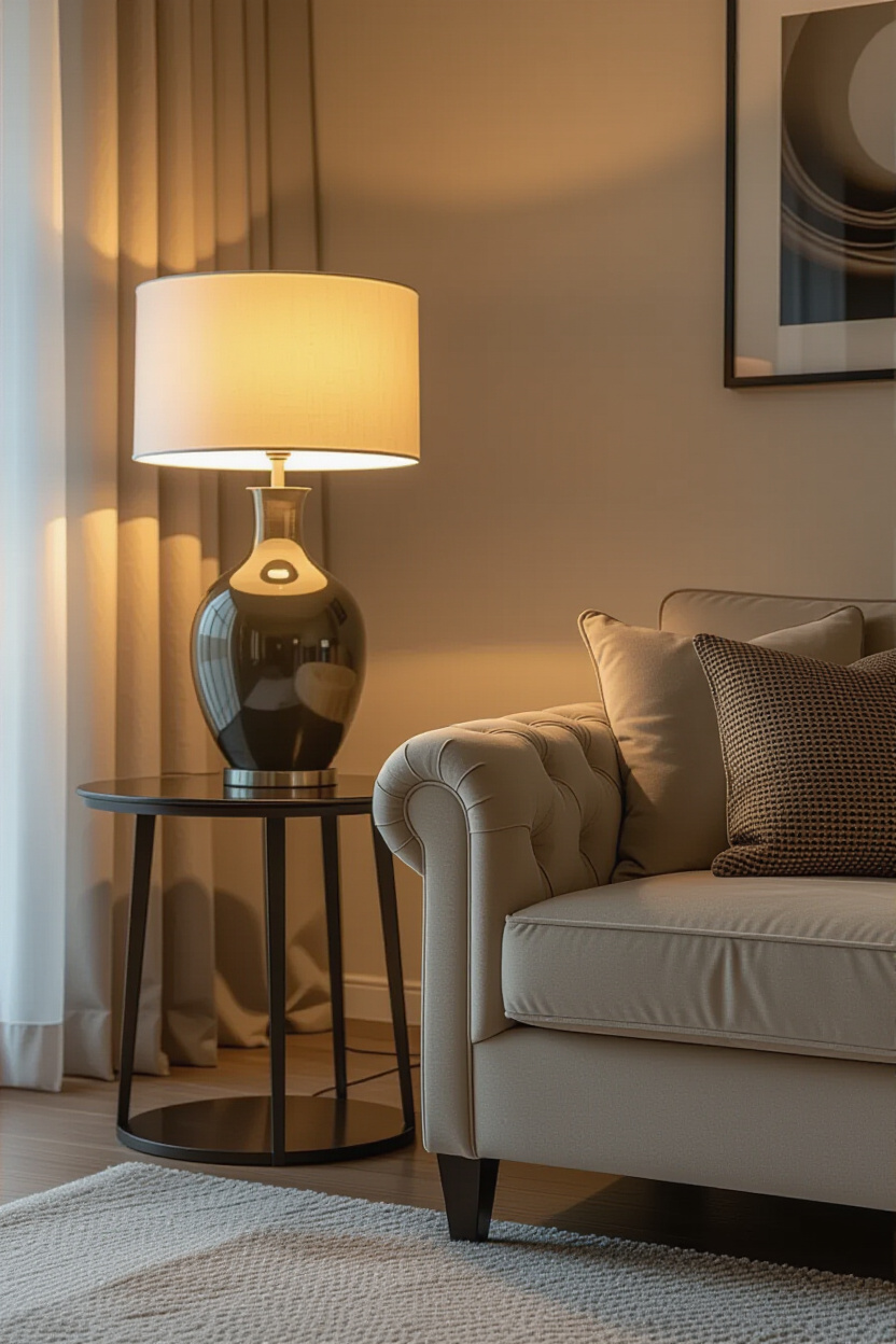 Architectural photography of an empty, modern living room showcasing a chic table lamp on a side tab