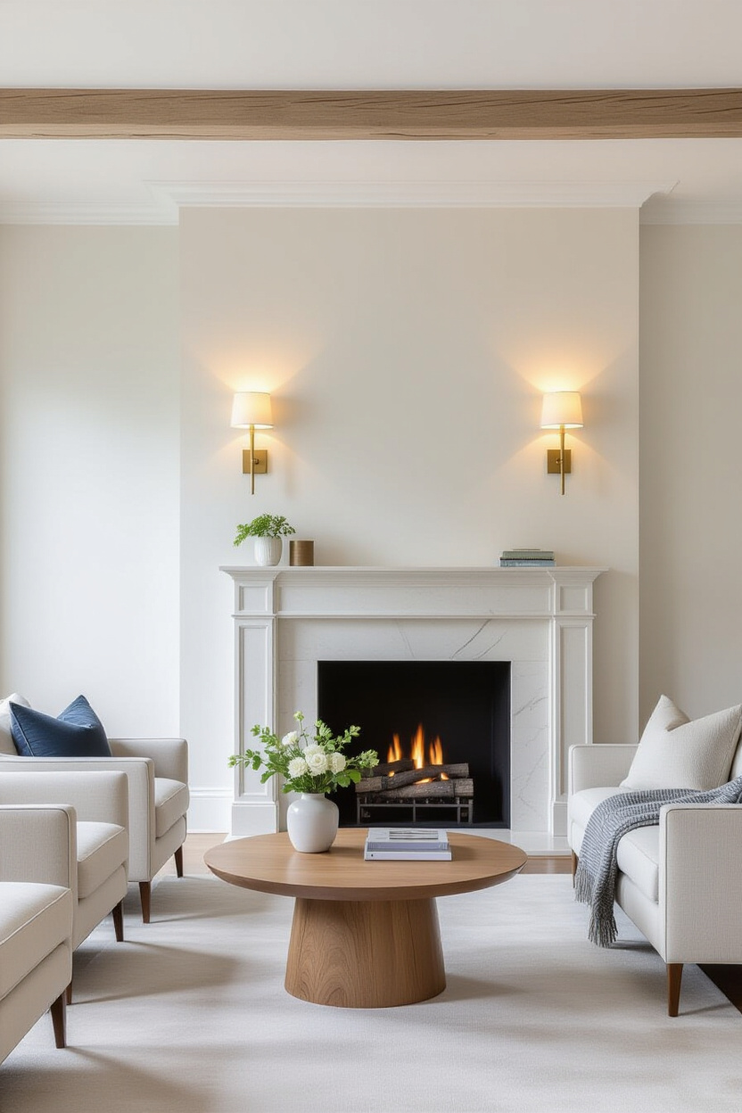 Architectural photography of an empty, modern living room with two elegant wall sconces mounted on e