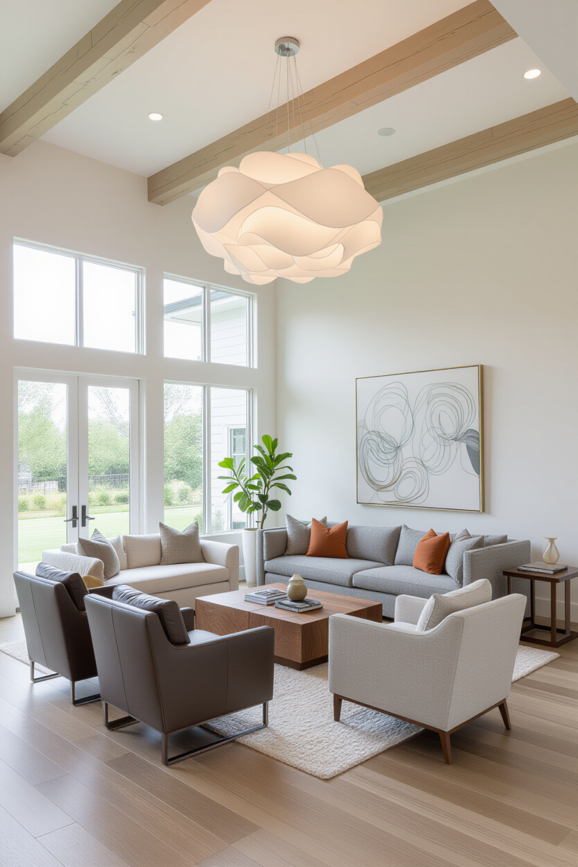 Architectural photography of an empty, modern living room with a sculptural pendant light hanging ab