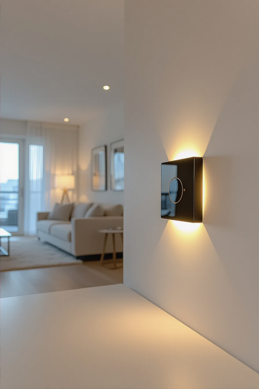 Architectural photography of an empty, modern living room with a sleek dimmer switch visible on the