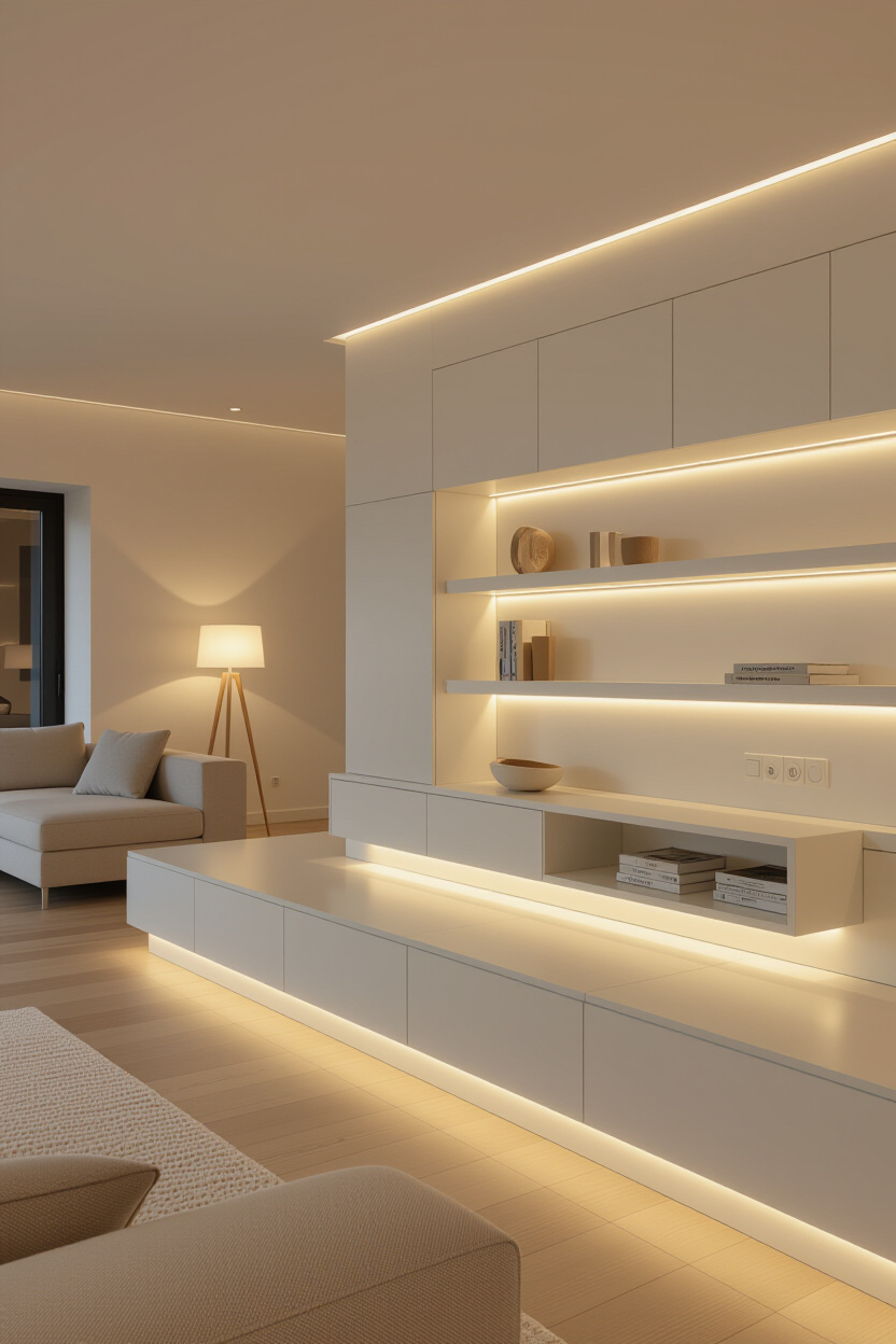 Architectural photography of an empty, modern living room with subtle, integrated smart lighting fea