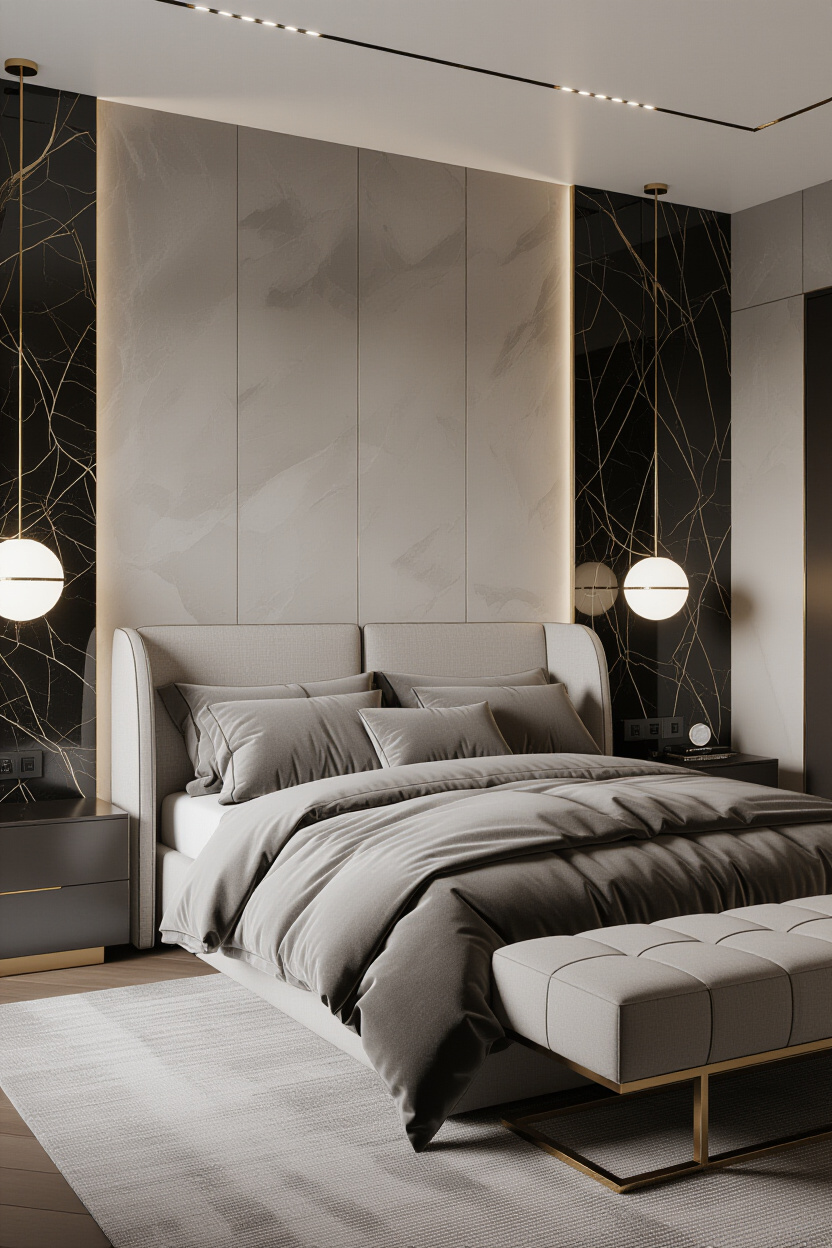 Modern Luxury Bedroom: Dark Accents and Materials