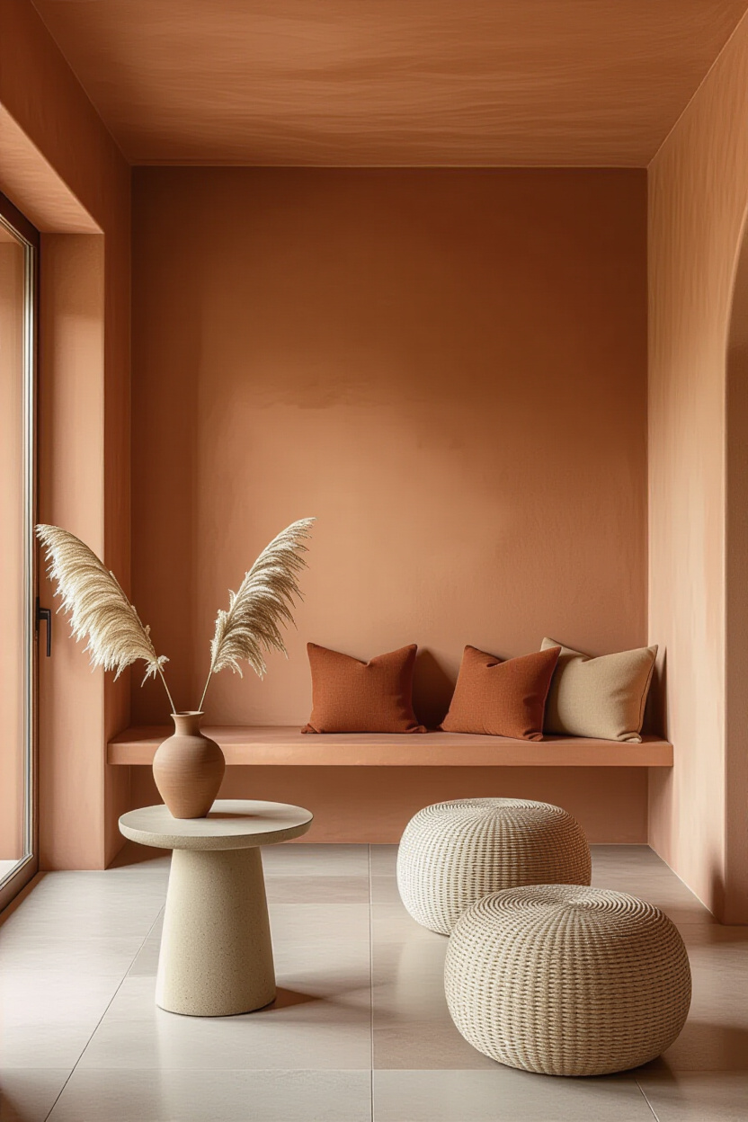 Muted Orange Textured Living Room Wall Paneling