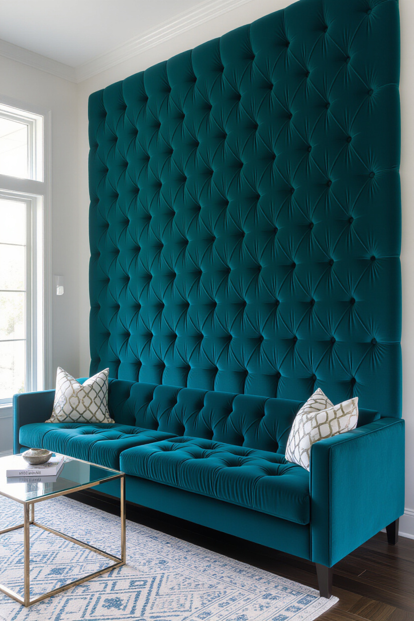 Rich Teal Velvet Living Room Statement Wall