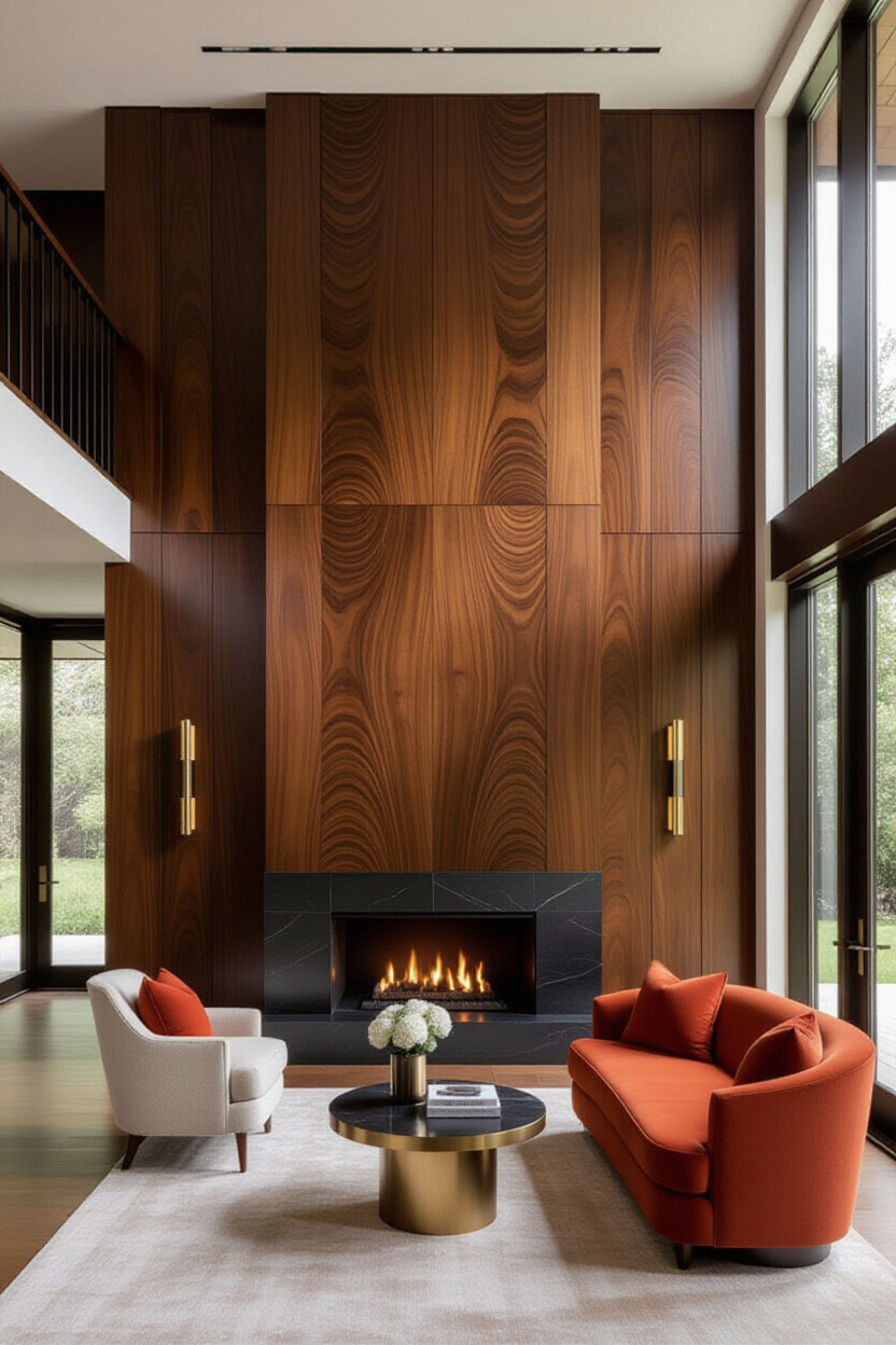 Rich Walnut Wood Living Room Wall Paneling