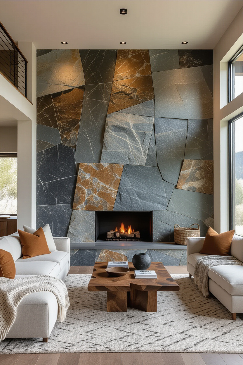 Rustic Stone Living Room Textured Accent Wall