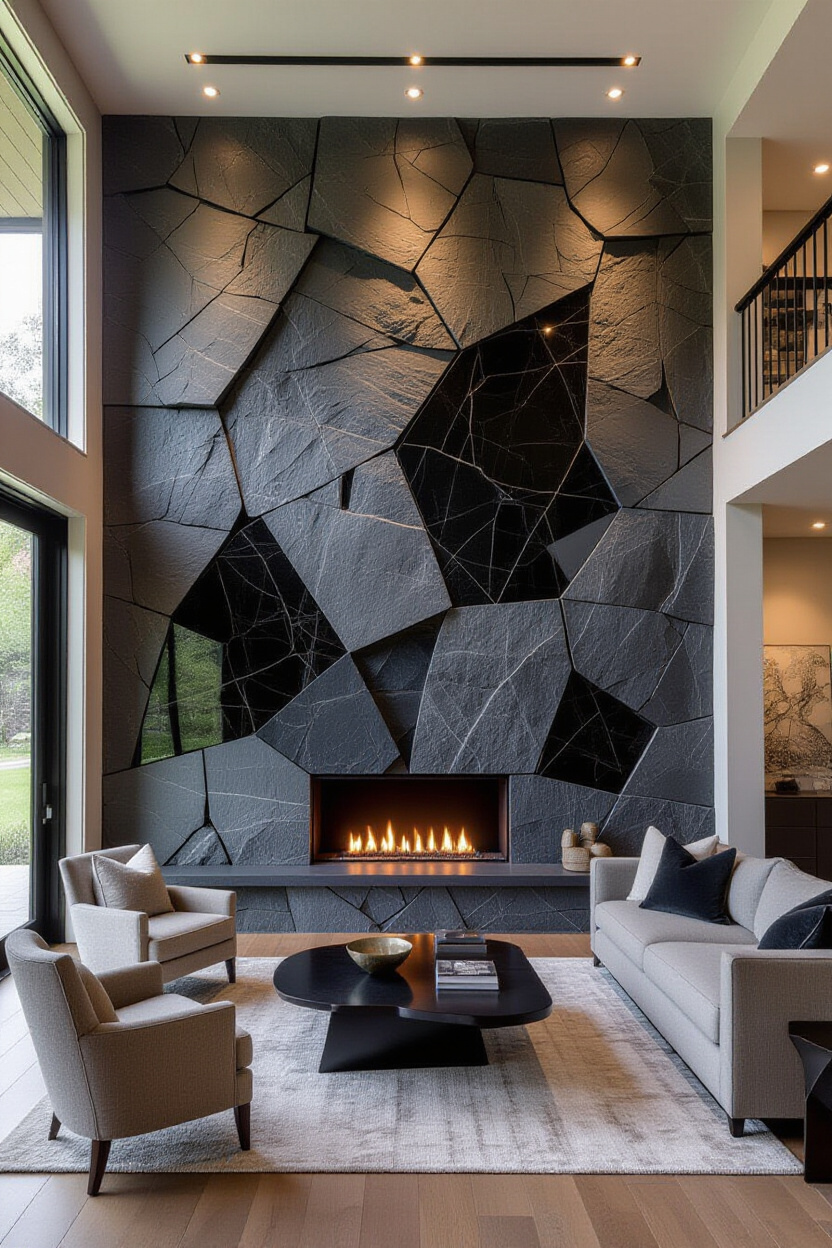 Rustic Stone Veneer Living Room Statement Wall