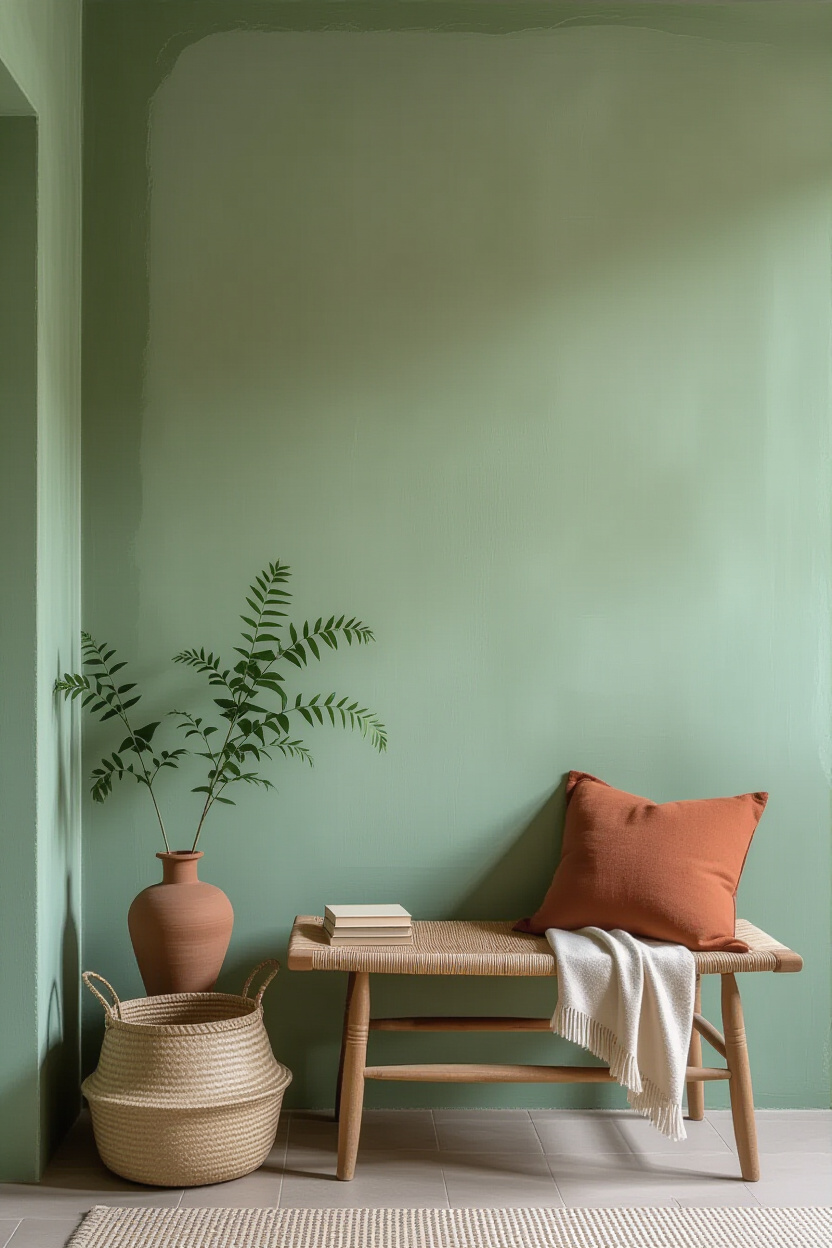 Serene Sage Green Limewash Living Room Statement Wall
