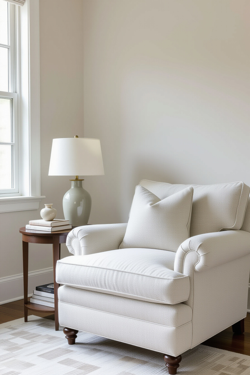 Architectural photography of an empty living room corner with a plush armchair upholstered in a soft