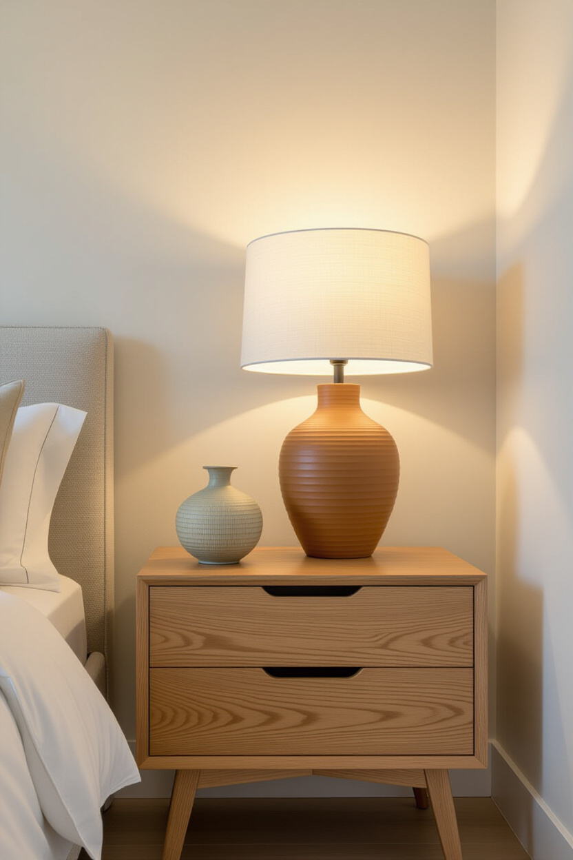 Architectural photography of an empty bedroom corner with a wooden bedside table featuring a texture