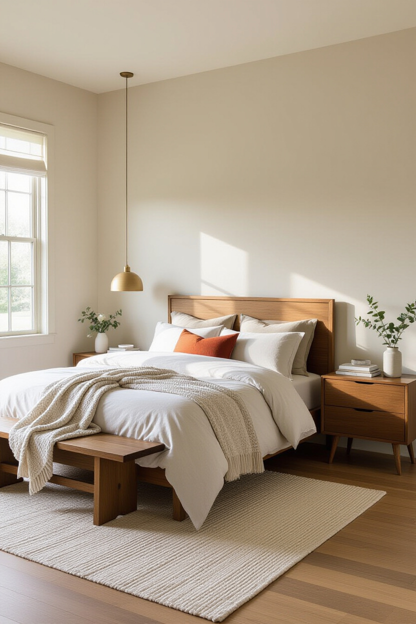 Architectural photography of an empty bedroom bathed in soft, warm light, highlighting the rich text