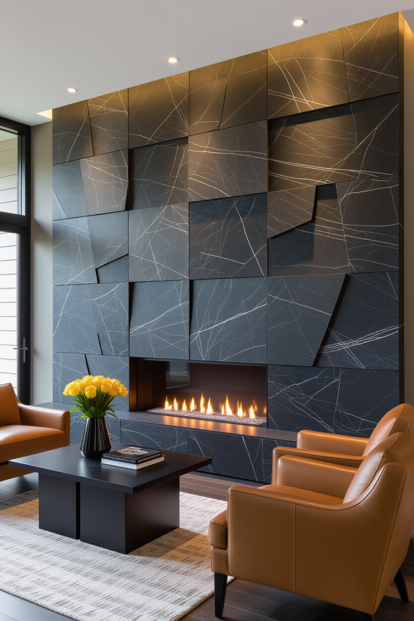 Sleek Black Slate Living Room Wall Paneling