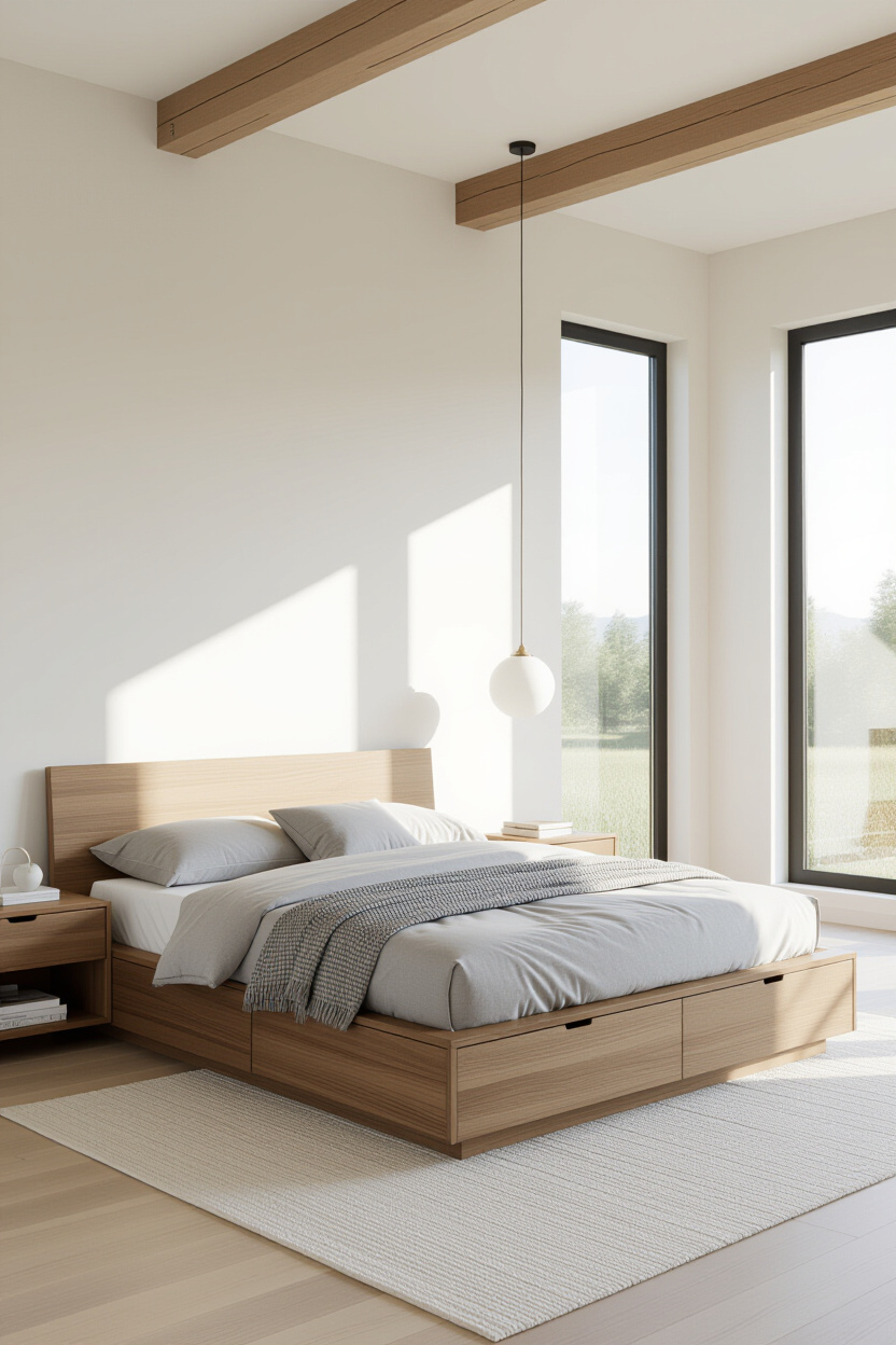 A sleek, low-profile platform bed with integrated storage drawers, bathed in soft daylight in a mode
