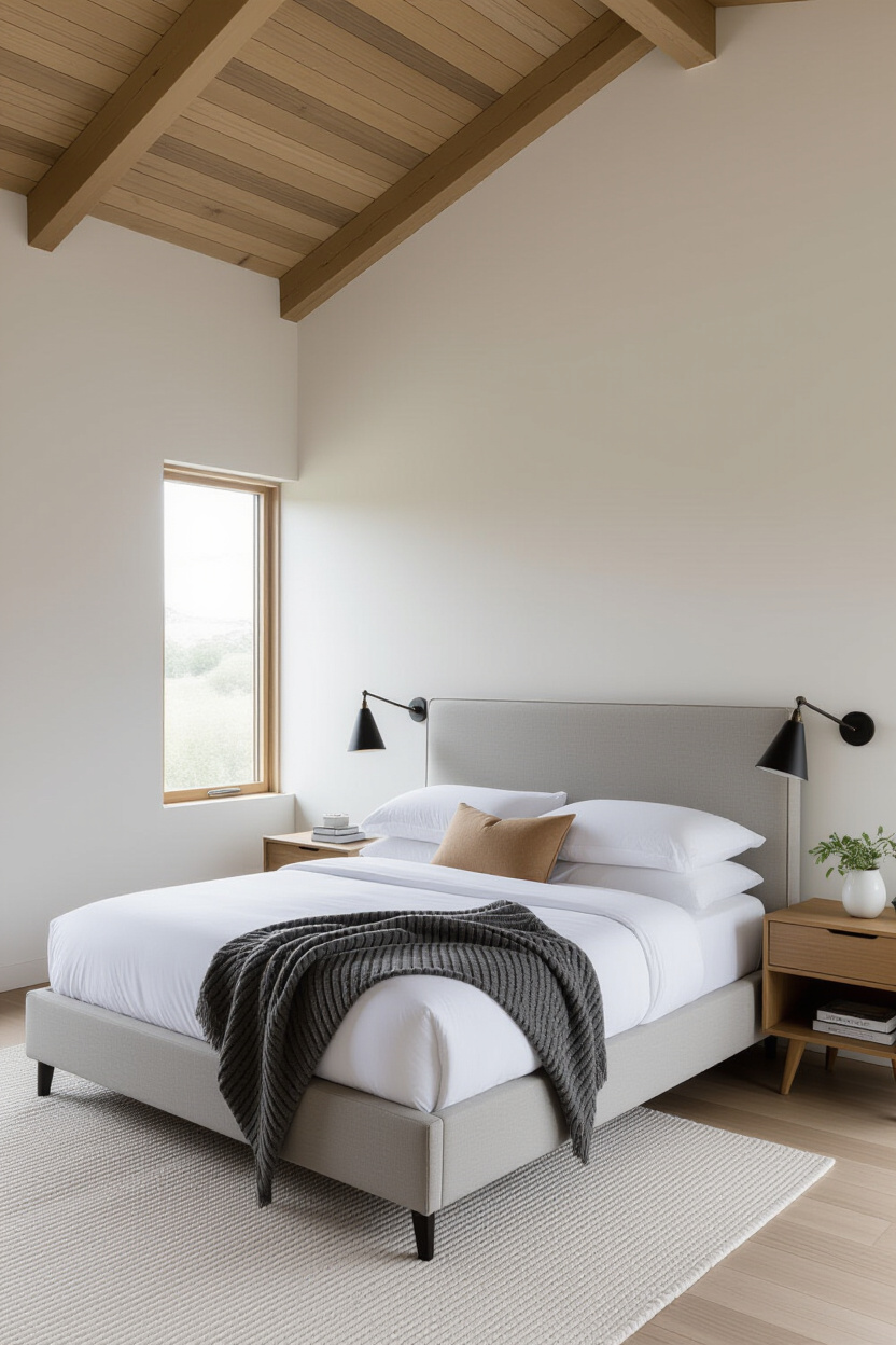 A minimalist upholstered headboard with clean lines, integrated into a platform bed in a modern bedr