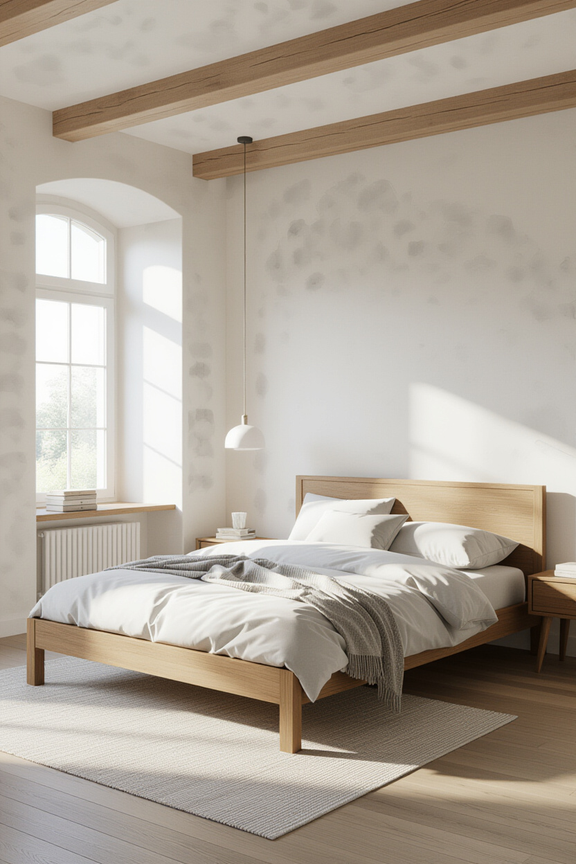 A simple, elegant wooden platform bed frame with clean lines in a sunlit modern bedroom. Architectur