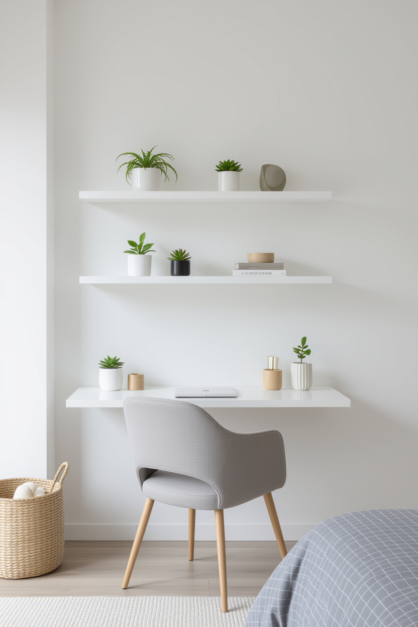 A set of sleek, floating wall shelves displaying small plants and decorative items above a minimalis